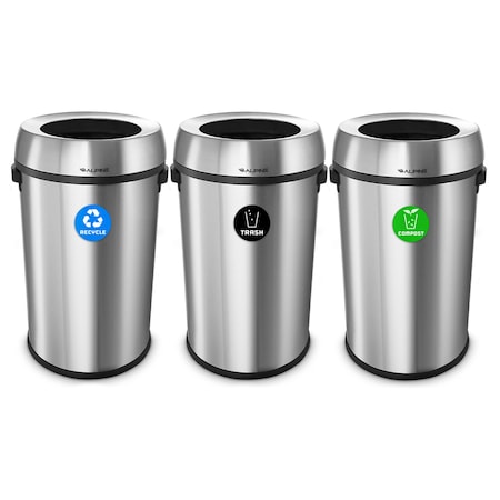 Alpine Industries Trash Can, Stainless Steel Brushed, Stainless Steel/Plastic ALP470-65L-R-T-CO